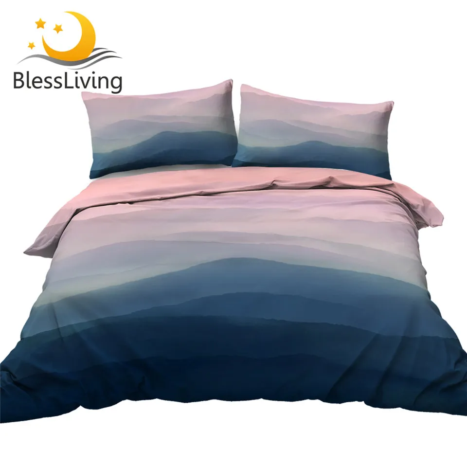 

BlessLiving Mountains Duvet Cover Landscape Home Textiles Pastel Pink Blue Sky Bedding Set Misty Nature Bedclothes 3 Pieces