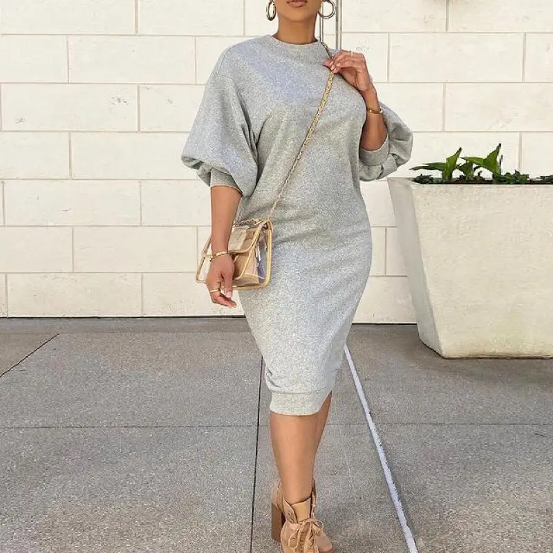 

Kiss Me Solid Long Dress Ladies Casual O Neck Lantern Half Sleeve Gray Black Party Dress Womens Fashion Looes Vestidos De Fiesta