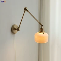 iwhd japan style copper long arm wall lamp sconce pull chain switch beside bedroom stair light ceramic lampshade wandlamp led