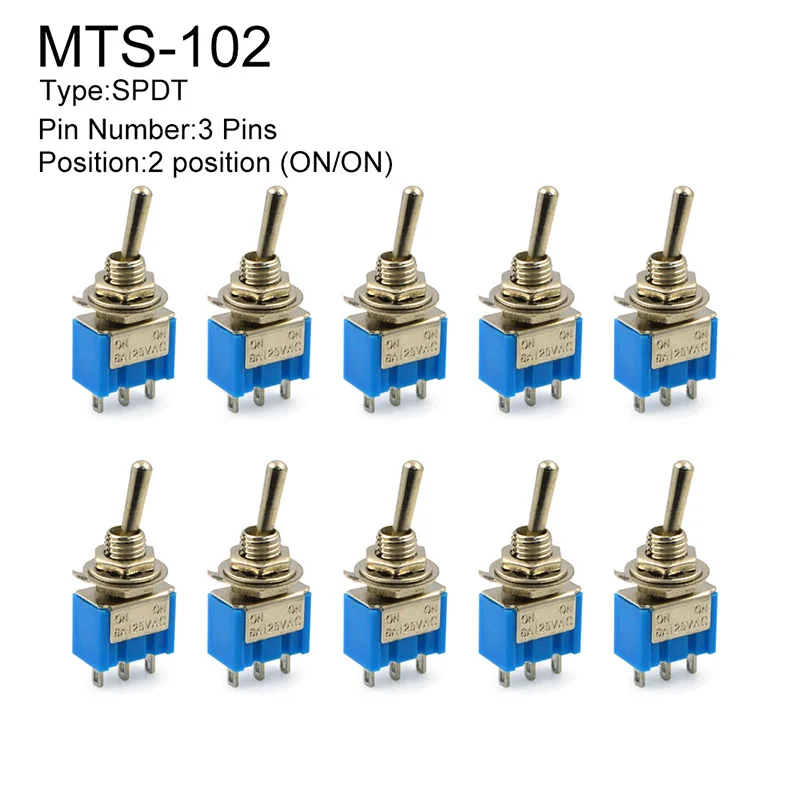 10 шт. миниатюрный тумблер однополюсный двойной переключатель SPDT (MTS102) ON-ON 125VAC 6A 1/4