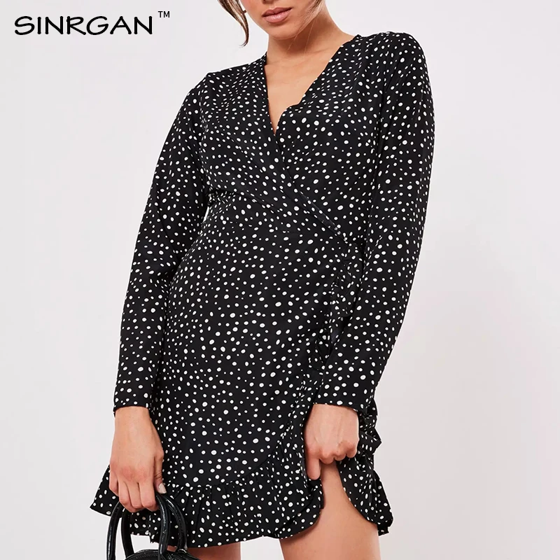 Женское свободное платье в горошек SINRGAN черное с оборками и поясом на шнуровке v