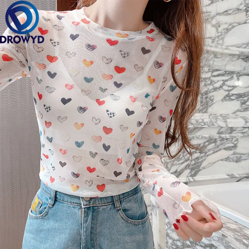 

New Ruoru Heart Printed Transparent Mesh Sexy T-Shirt Women O-Neck Long Sleeve Basic Casual Female Tops Kawaii Mesh Tops T Shirt