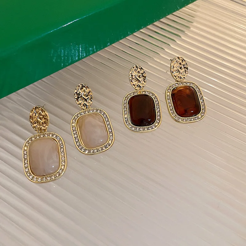 

Simple Fashion Geometric Resin Rhinestones Earrings For Women 2022 New Vintage Designer Brincos Jewelry Wholesale Green