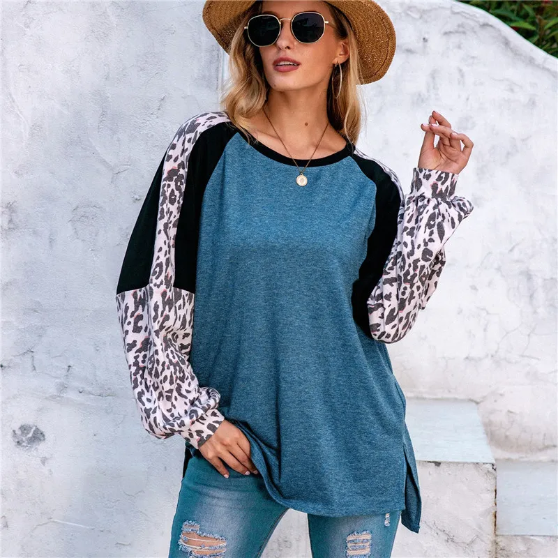

Autumn 2020 Leopard Patchwork T-shirts Fashion Casual O-neck Lantern Sleeves Loose Women Tops