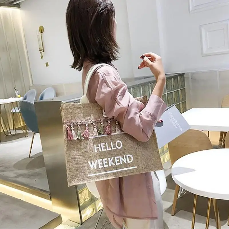 

Women Summer Beach Bags Handbags Large Capacity Lady Tassel Shoulder Bag Big Letter Linen Totes Casual Girls Travel Shopping Bag