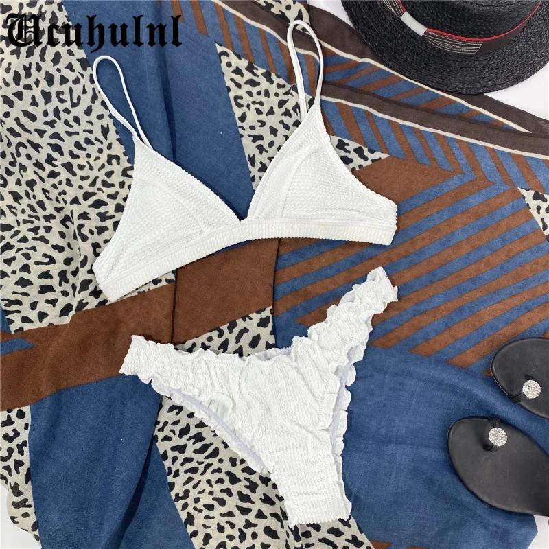 

Lulita Pleated Thong Bikinis White Color Swimwear Women Swimsuit V Neck Bath Suits String Bikini Set 2021 Summer Micro Biquini