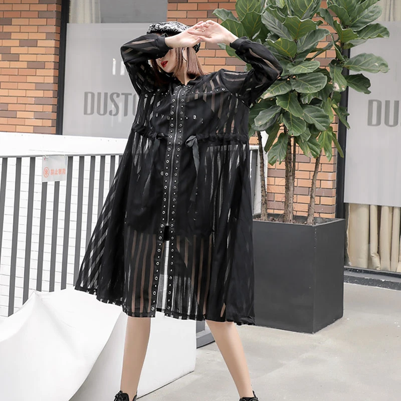 Тренчкот женский прозрачный на молнии Длинная ветровка с кружевом повседневный