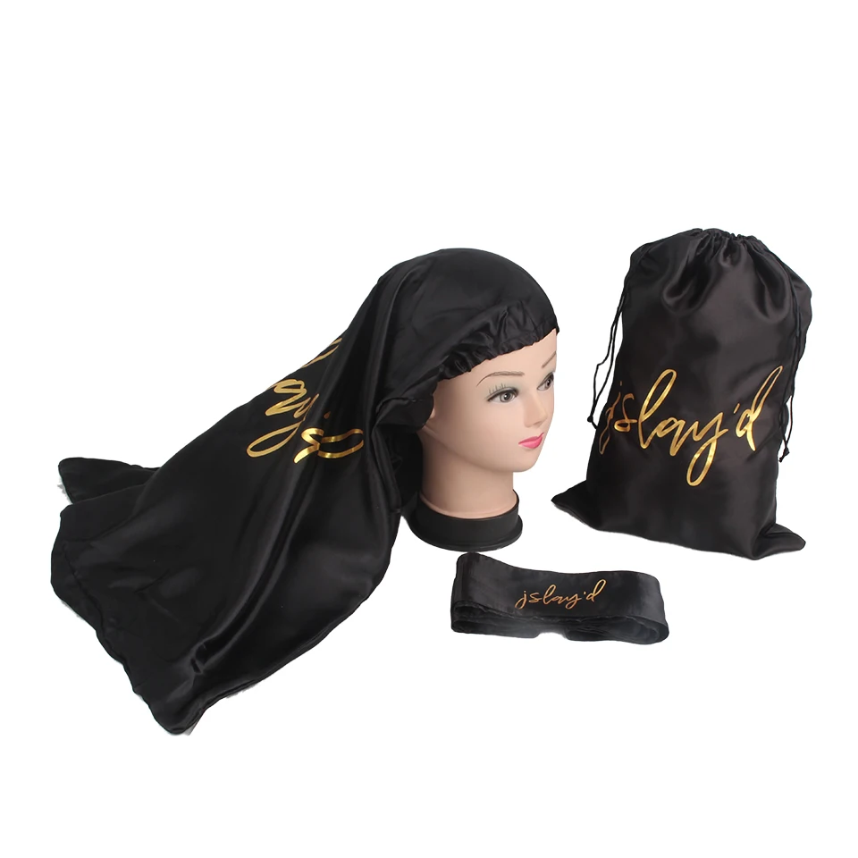 

Hair salon cape with custom brand name satin bonnet head wrap band thank you card wrap stickers name business card satin bag