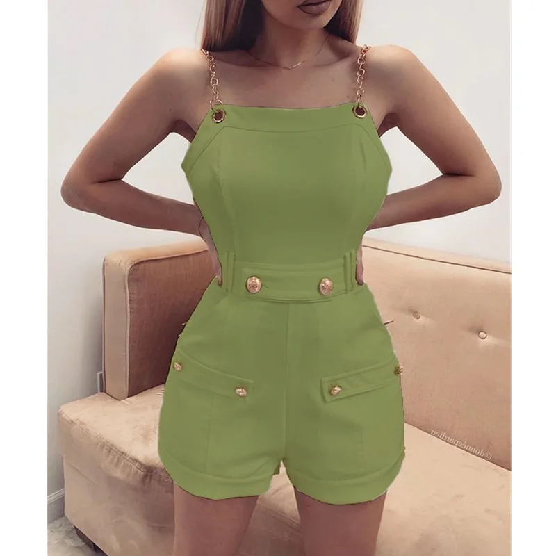 2021 Fashion Women's Sleeveless Chain Belt Stylish Jumpsuit Shorts Trouser Ladies Holiday Casual Playsuits Streetwear