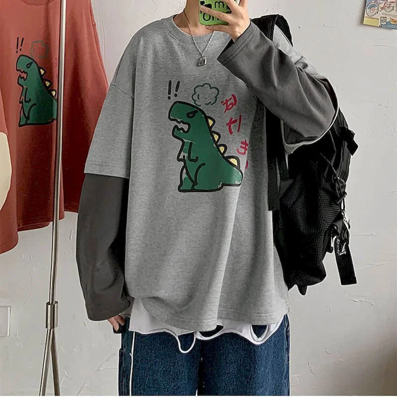 

Футболка с длинным рукавом и имитацией двух частей с принтом, осенняя Новинка, мультяшная Мужская и Женская Студенческая Корейская версия, ...