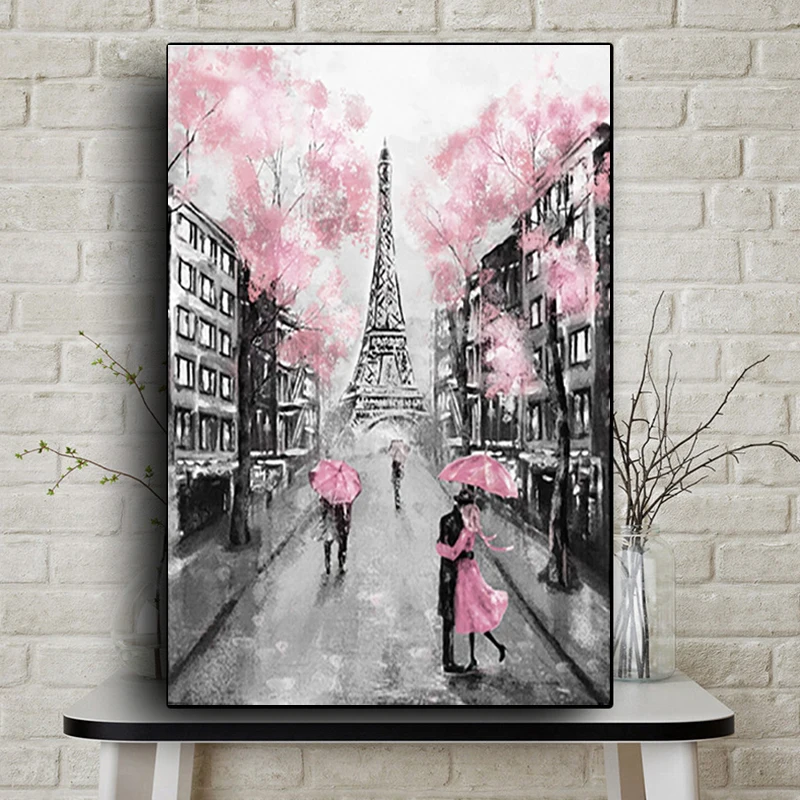 Paris City Eiffel Tower Umbrella On Street Oil Painting Graphic Artwork Canvas Poster Print Cuadros Wall Picture For Living Room | Дом и сад