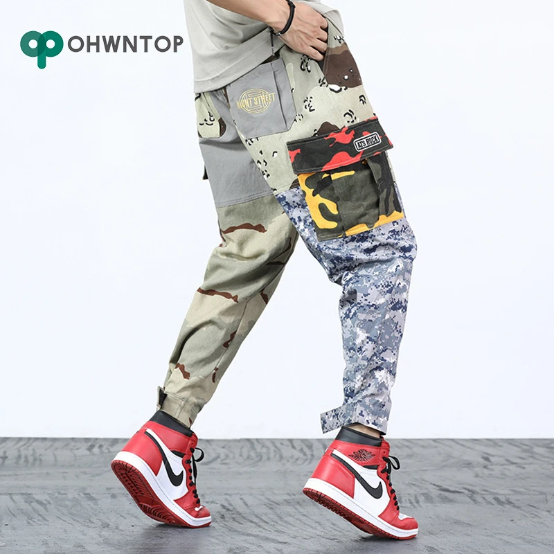 Камуфляжные спортивные брюки мужские лоскутные карго в стиле Харадзюку уличные