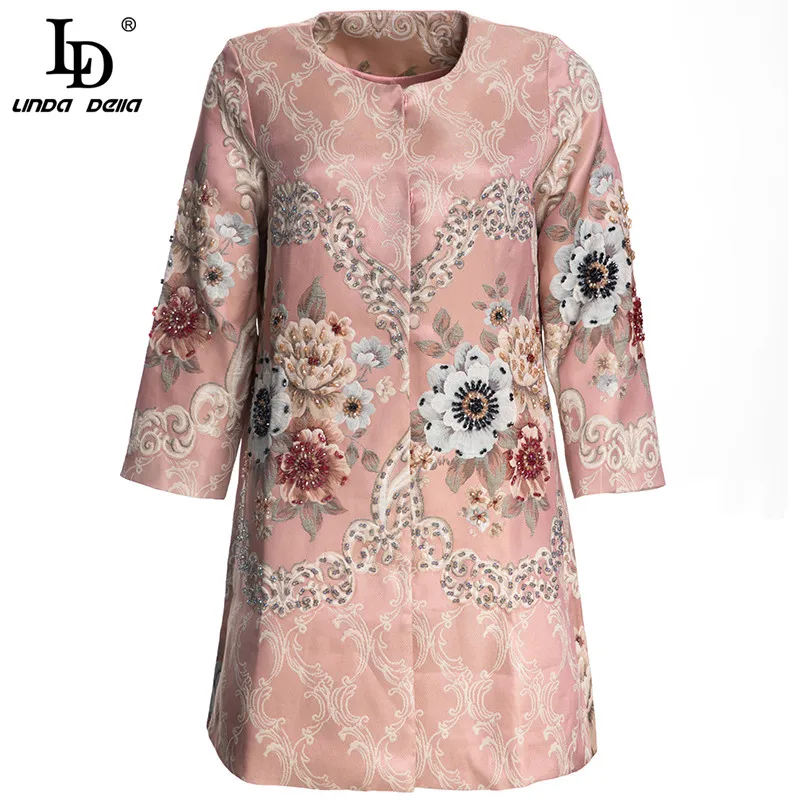 

LD LINDA DELLA дизайнерское осенне-зимнее розовое пальто, верхняя одежда, женское жаккардовое винтажное пальто с длинными рукавами, украшенное кр...
