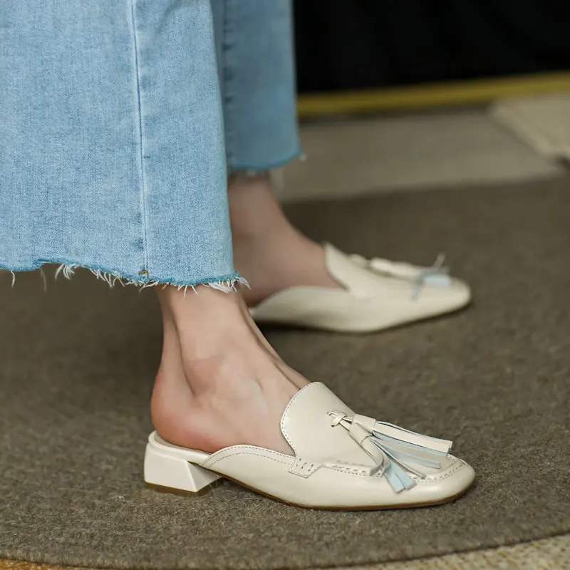 

Fashion fringe Decoration Women shoes slippers Genuine Leather square -Toed Thick low Heels Pumps Working Casual Shoes Woman