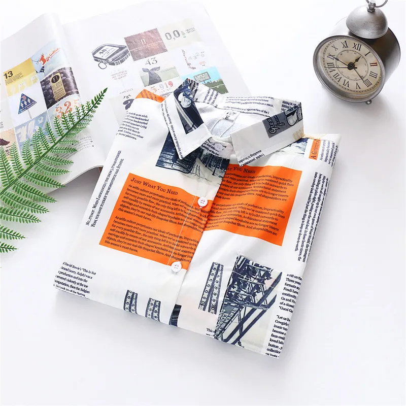 Женская шифоновая блузка с принтом в виде газет длинным рукавом винтажные топы