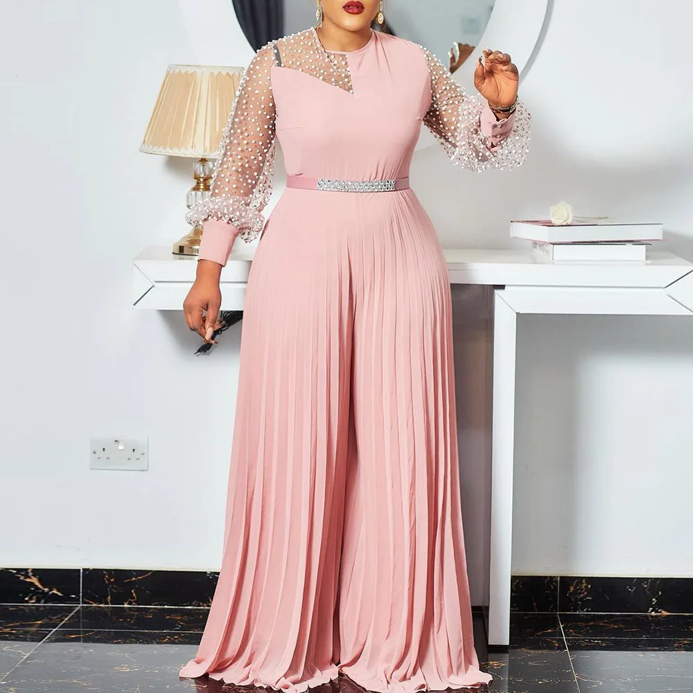 

Plus Size Jumpsuit Women Summer 2021 Elegant Party Sexy Sheer Mesh Beading Pink African Fashion One Piece Long Sleeve Overall