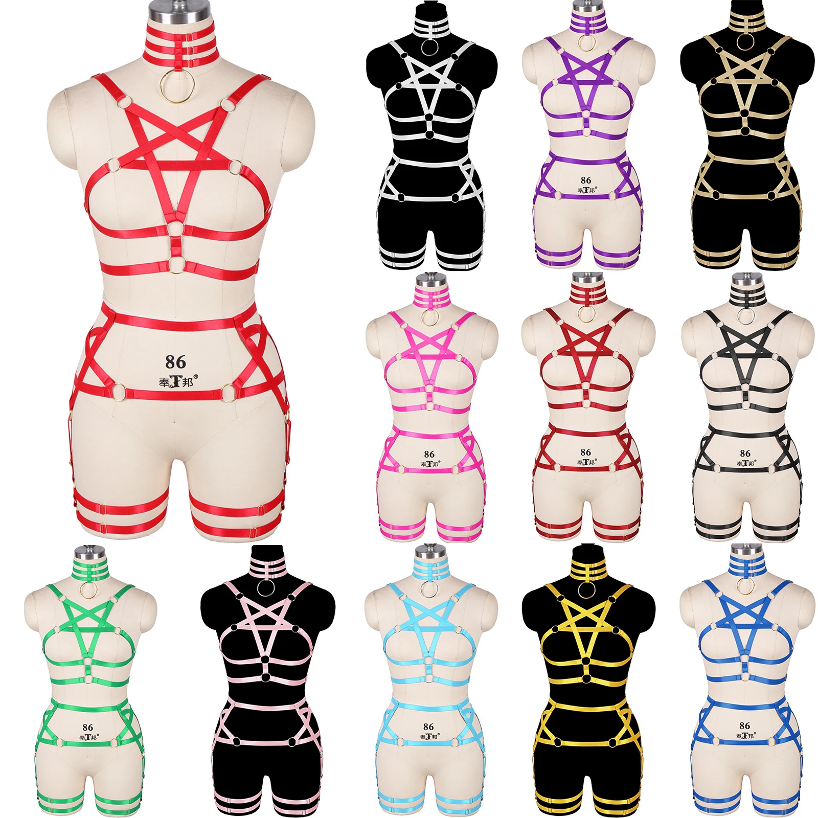 

Women Five-Pointed Star Bra Garter Straps Body Belts Waist To Leg Bondage Cage Fetish Sexy Erotic Underwear 2 Piece Harness Set