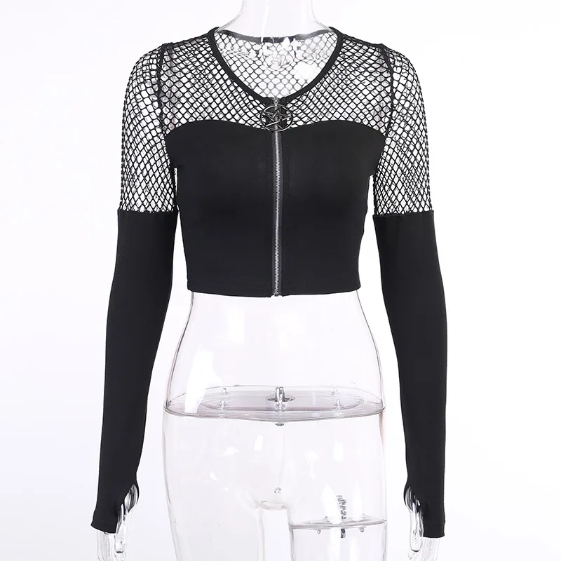 

Женский кардиган с V-образным вырезом, ажурная сетчатая хипстерская короткая футболка в стиле пэчворк с длинным рукавом, черная Готическая ...