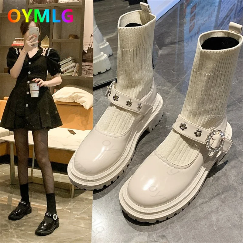 

Новинка Осень-зима эластичные полусапожки Мэри Джейн Вязаные Короткие сапоги женские Стразы с цветочным узором на толстом каблуке шерстян...