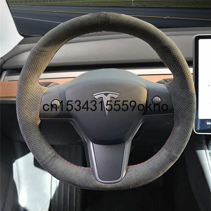 Для Tesla модель 3 модели Y черная замша DIY вручную чехол рулевого колеса автомобиля