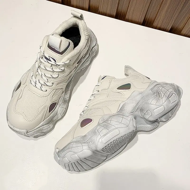 

Thick Bottom Chunky Sneakers Women Shoes New Autumn Lace Up High Heels Platform Shoes Woman Breathable Warm Plush Casual Shoes