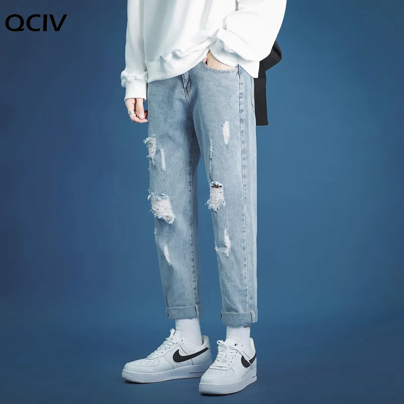 Fashion men's jeans broken hole pants  thin torn men's solid cotton straight tube loose vintage washed jeans streetwear