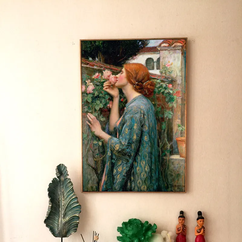 

Flower Woman Canvas Waterhouse Painting Rose Artwork Picture Nordic Retro Wall Art Poster Living Room Decoration Poster