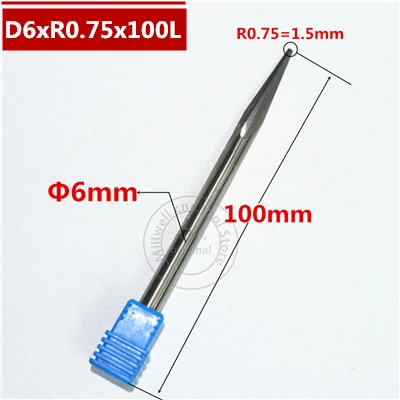 6 мм shank-1PCS, ЧПУ карбида вольфрама Концевая фреза, деревообрабатывающие вставки фрезы, конические сферические концевые фрезы, глубокий рельеф, pvcMDF - Длина режущей кромки: D6xR0.75x100L