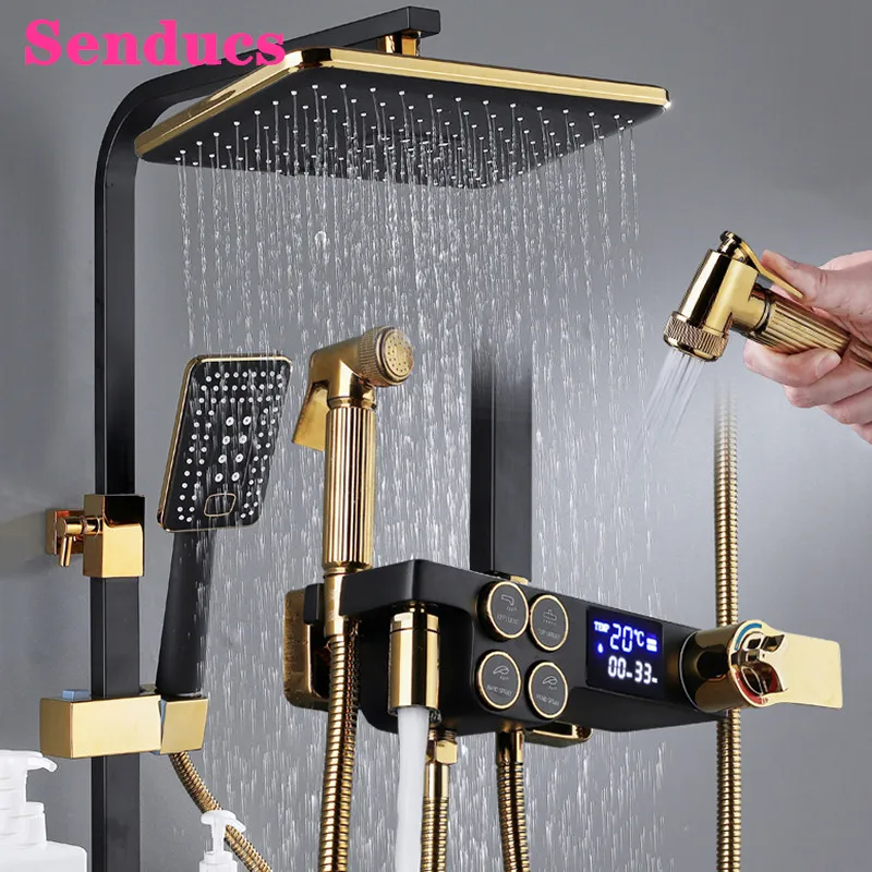 

Digital Shower Set Senducs Black Gold Bathroom Shower System with 10 Inch Rainfall Shower Head Brass Bathtub Mixer Faucets