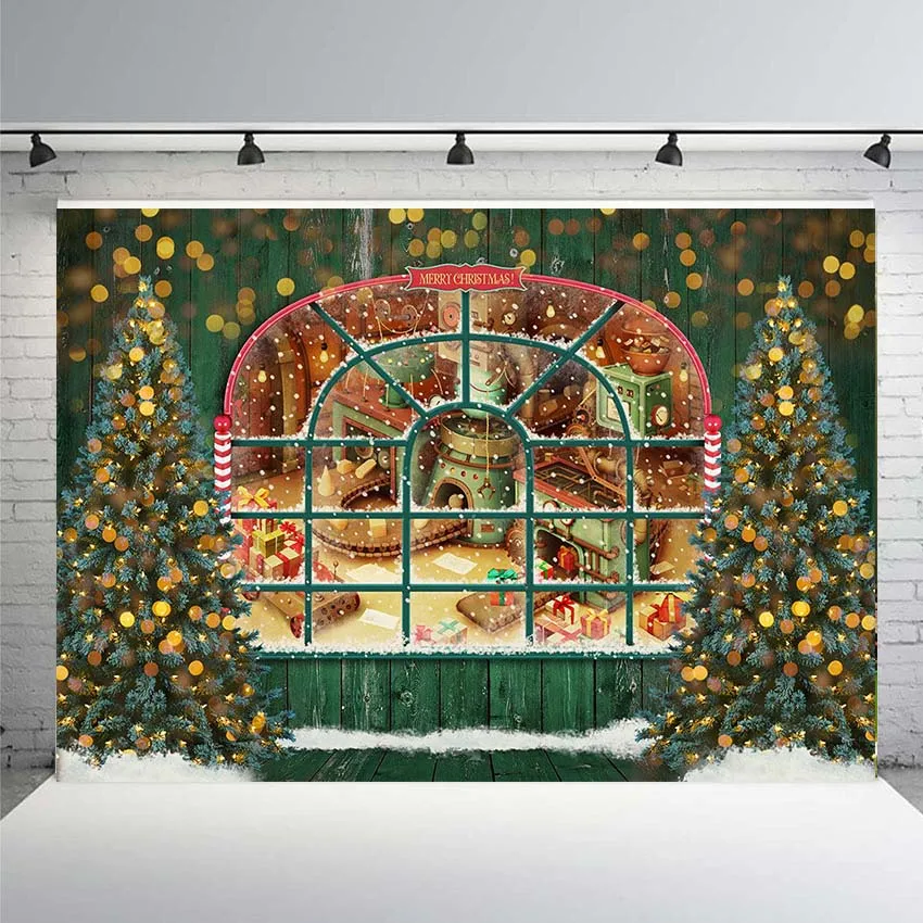 Рождественский фон темно зеленые двери и окна Рождественская елка снег