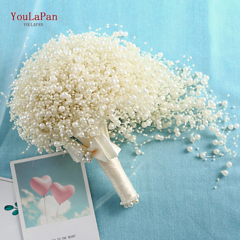 YouLaPan F24 Wedding Bouquet Wedding Flower Bridal Bouquet Full Pearls Ivory&white Bouquet 100% Handmade Waterfull Bride Bouquet