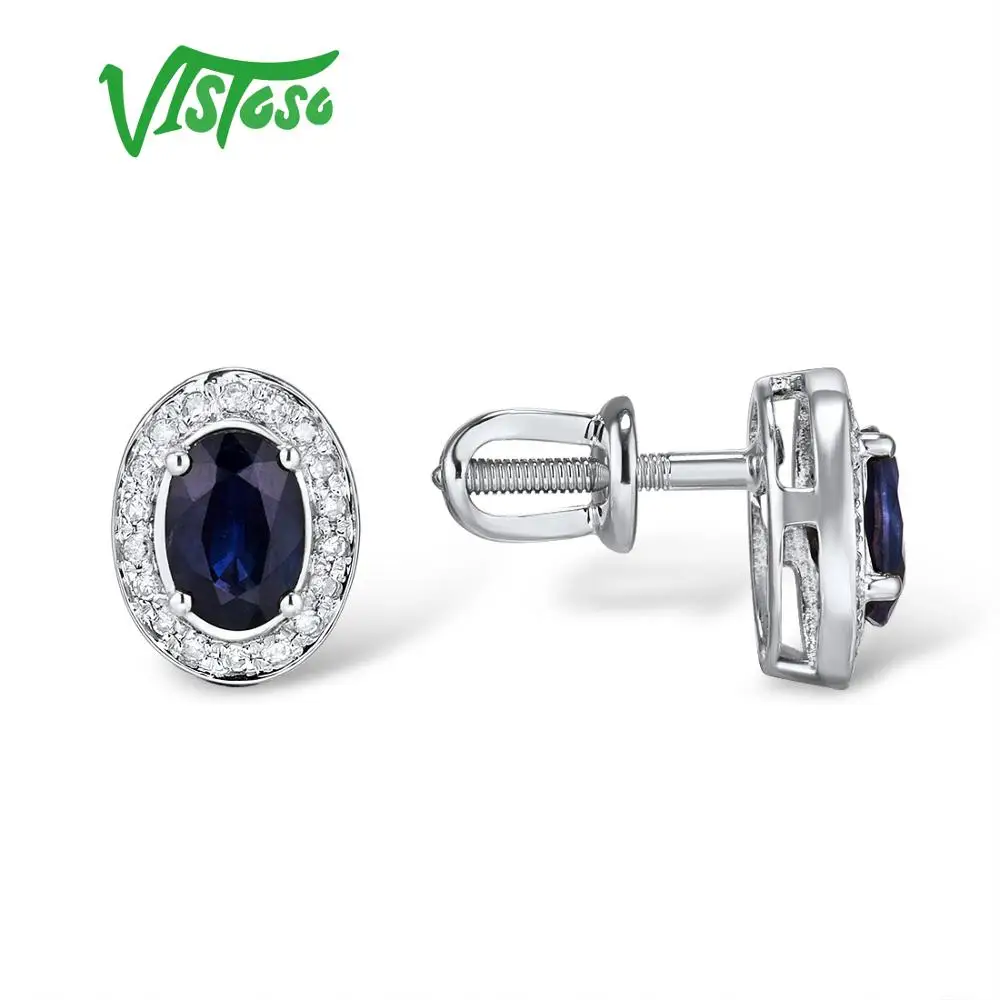 VISTOSO Pure 14K 585 роза/серьги из Белого Золота Шпилька для женщин Элегантный синий сапфир сверкающие бриллианты уникальные модные ювелирные изделия