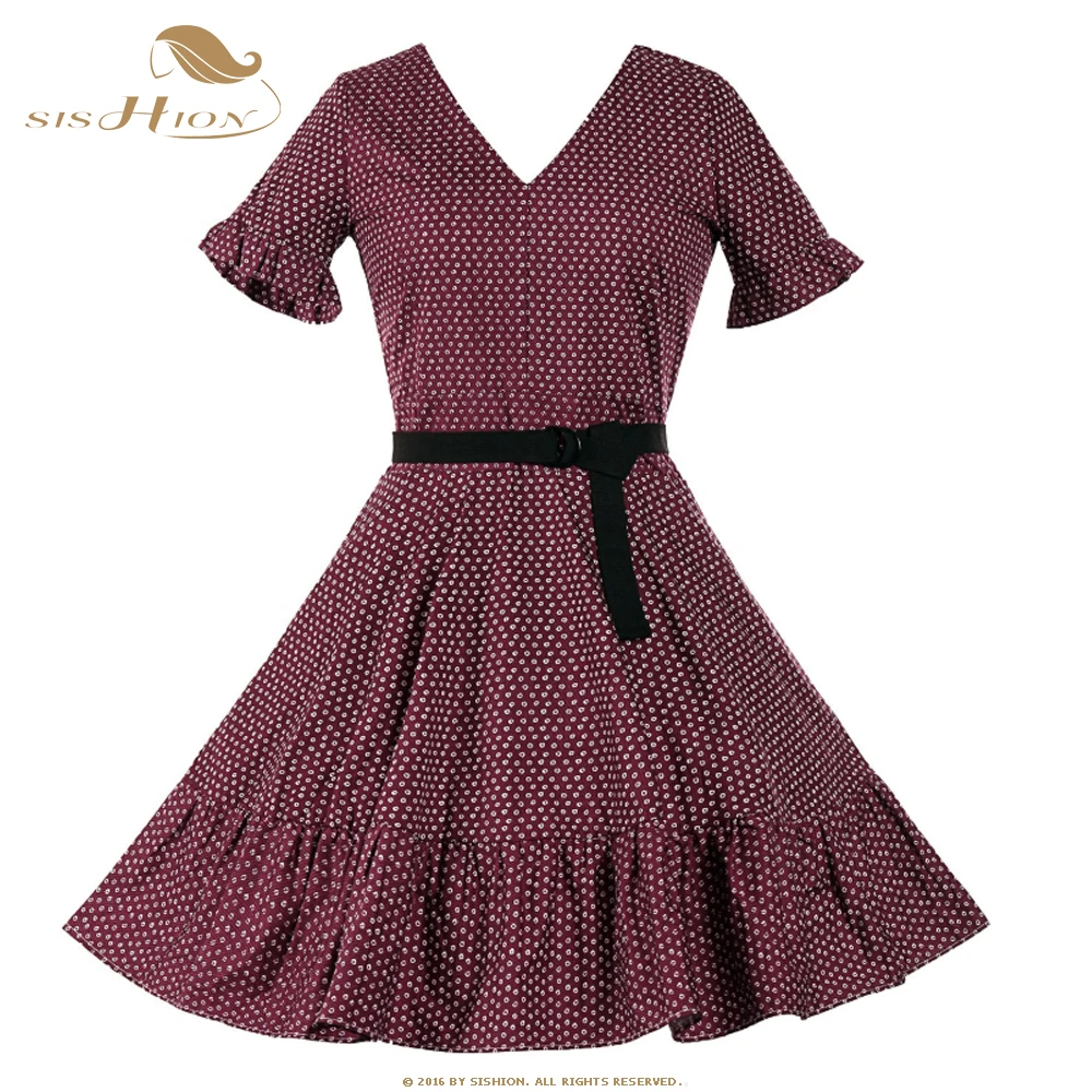 

SISHION Short Sleeve Women Cotton Dress VD1529 Sexy V Neck Ruffles Printed Summer Dress Tunic Vintage Party Dress