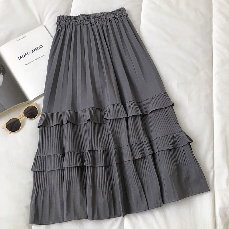 

KUSAHIKI Korean Layered-ruffle Pleated Skirts Causal High Waist A-line Women Skirt 2021 Spring Elegant Faldas Mujer Moda 6F261
