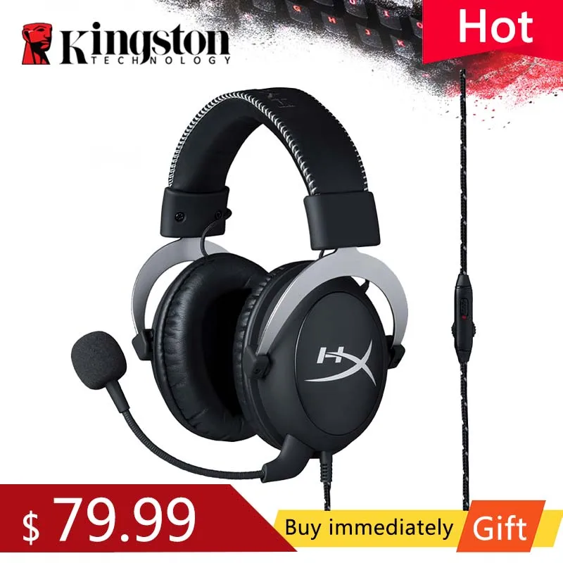 Kingston hyperx cloud fone de ouvido prata para jogos com microfone, fone de ouvido com punho de 3.5mm