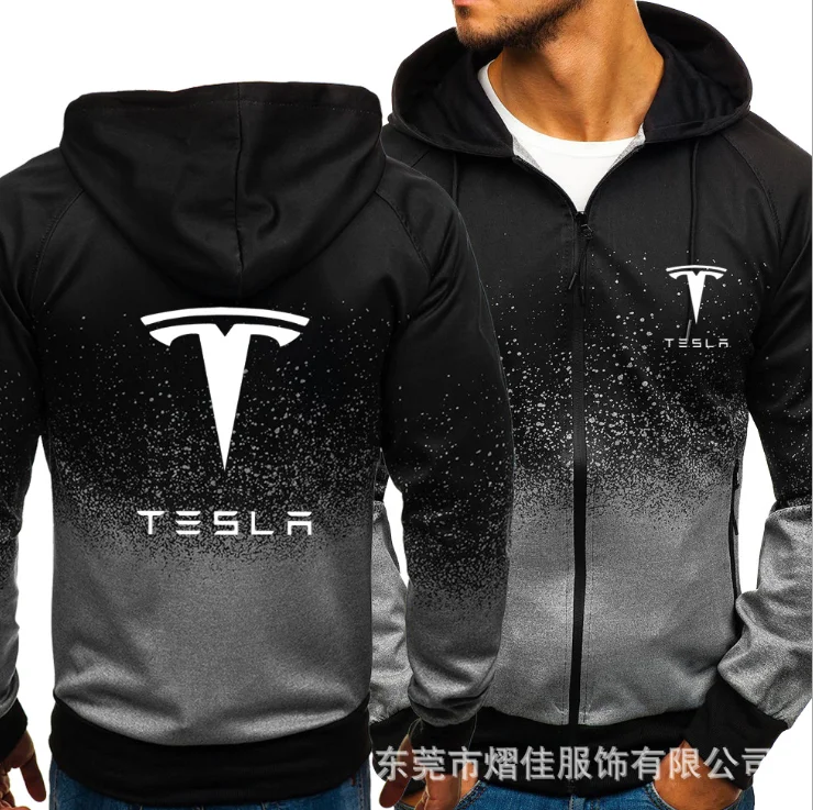 

2021 for TESLA Car Logo Print Casual HipHop Harajuku Gradient color Hooded Mens Fleece Sweatshirts zipper Jacket