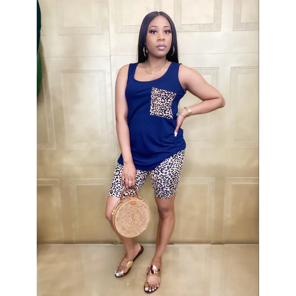 

2021 Casual Leopard Two Piece Set Plus Size S-3XL Women New Fashion Patchwork Sleeveless Loose Top And Shorts Suit Outfits Set