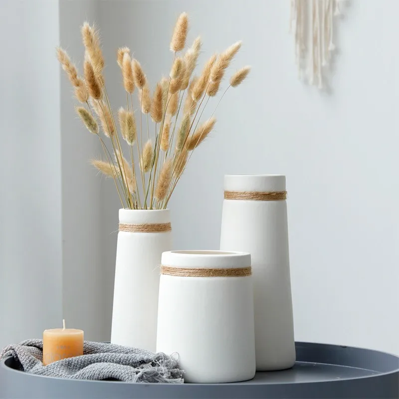 

Modern Dried Flowers Vase White Ceramic Matte Vase with Hemp Rope for Dried Flower Centerpiece Crafts Home Table Decoration