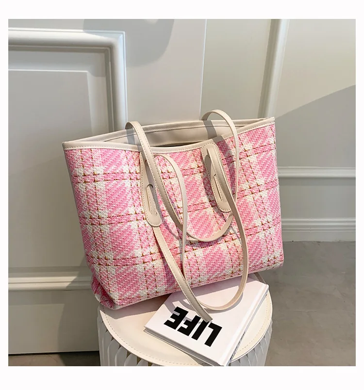 

dalada 2021 Autumn New Wool Plaid Tote Bag Fashion Shoulder Bag