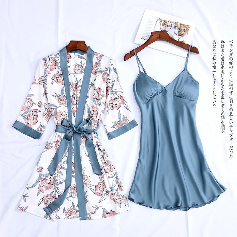 

Spring Autumn Women Silk Pajamas Sets With Chest Pads Flower Print Pijama Sleepwear 2 Pieces Spaghetti Strap Satin Pyjamas