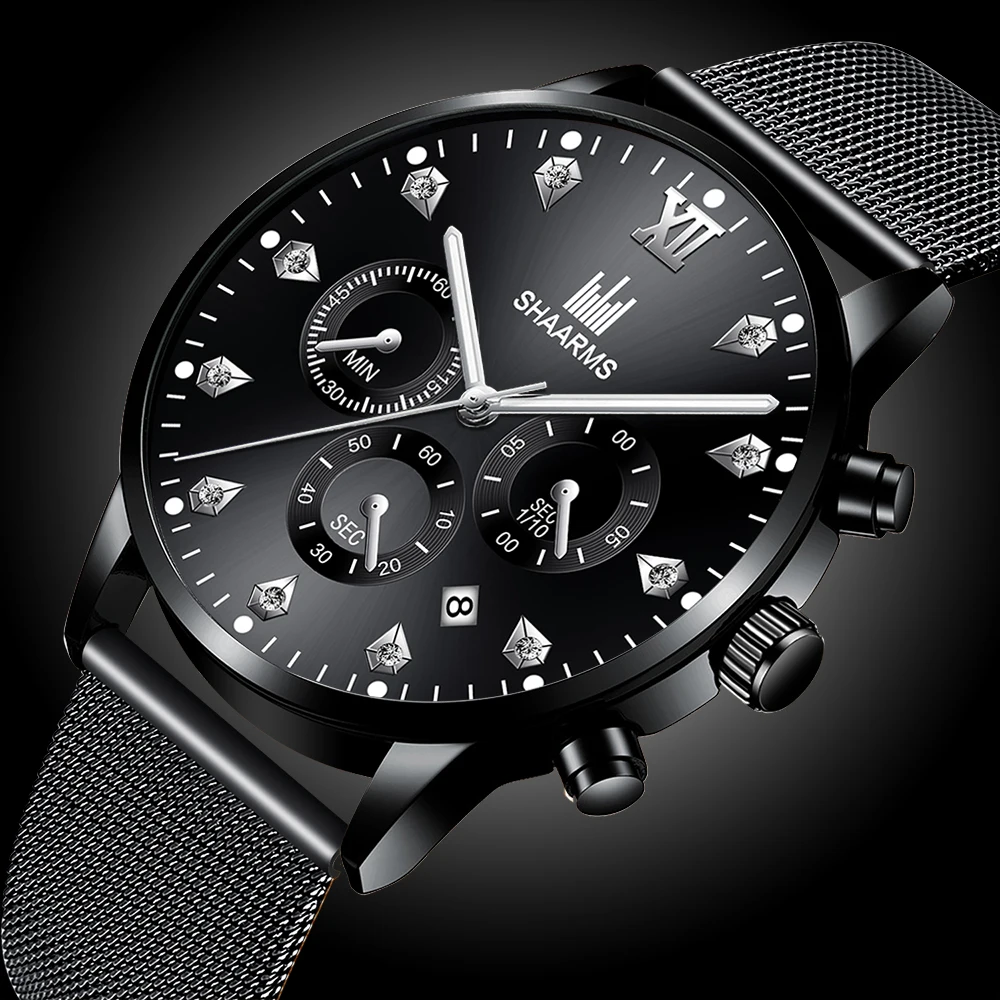 Мужские часы SHAARMS 2020 мужские черные роскошные кварцевые наручные с сетчатым