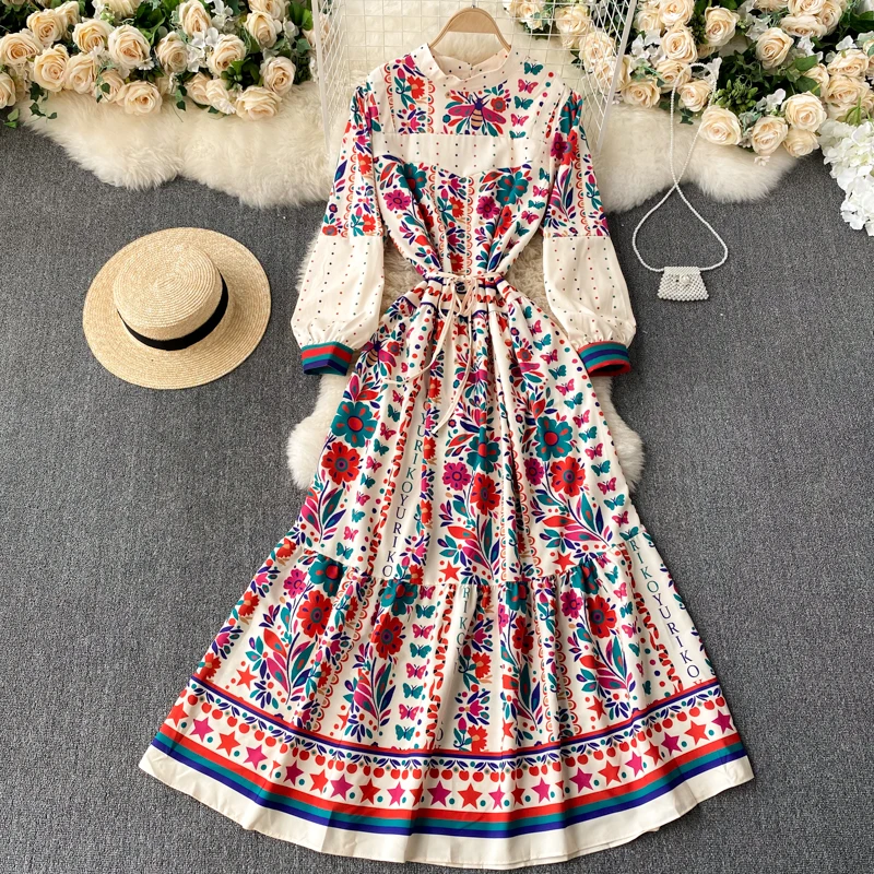 

Женское платье-макси с круглым вырезом, рукавами-фонариками и принтом в стиле ретро, модель C284, весна 2021