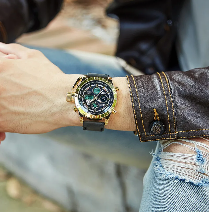 

Oulm Watch Mens Watches Top Brand luxury Double Display Sport Waterpoor Leather Strap Gold Male Wristwatch Relogio Masculino