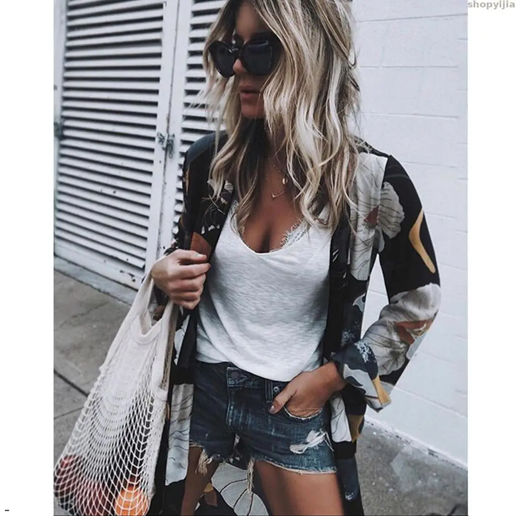 Fashion Spring Summer Beach Cover Up Long Tops Kimono Cardigan Floral Printed Sleeve Boho Loose Ladies Shirts Women Chiffon | Женская