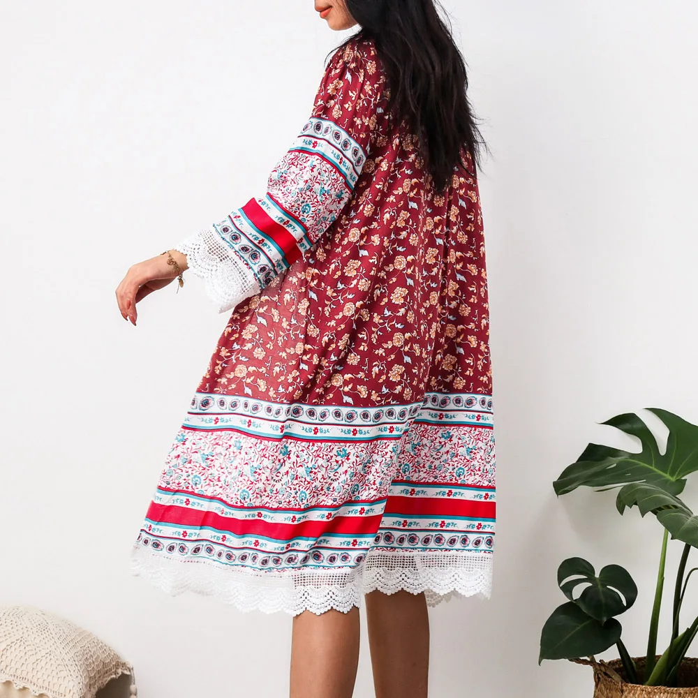 

Beach Long Kimono Enthic Floral Print Lace Splice Loose Cardigan Summer Boho Casual Holiday 2021 Chiffon Beach Blouse Streetwear