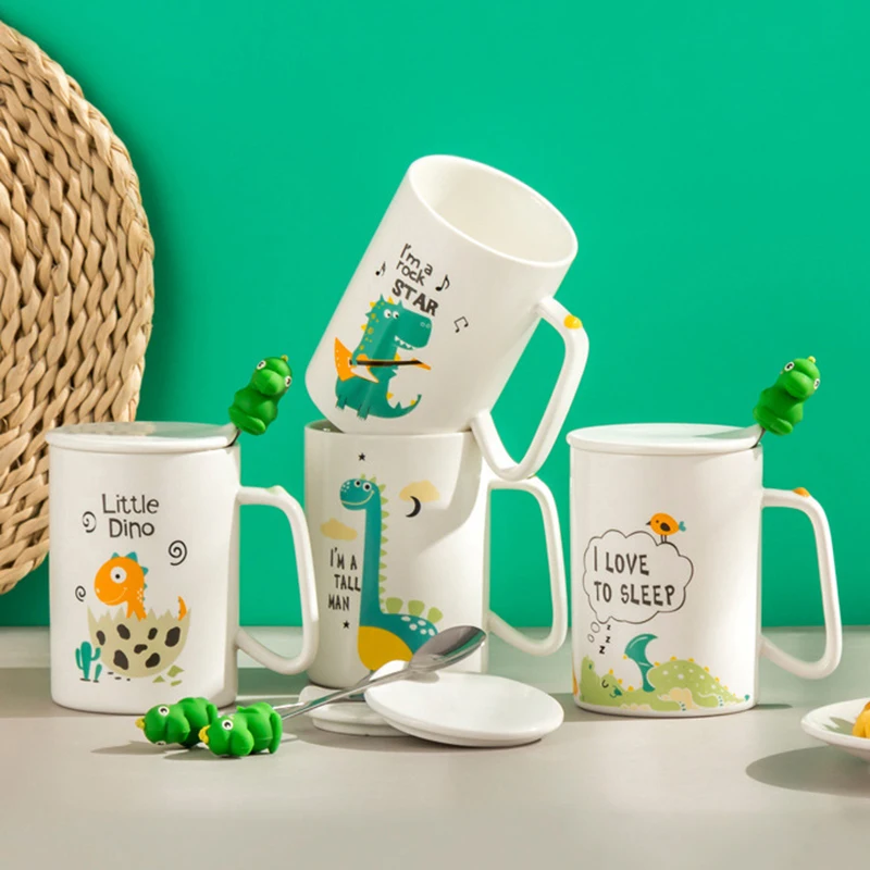 

400ML Creative Cartoon Dinosaur Mug Coffee Mugs Ceramic Mug Cute Tea Cup Stainless Steel Spoon with Lid Set Gifts Home Decor