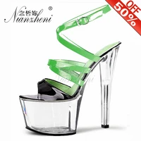 7 inch green patchwork crystal sandals 17cm patent leather open toe female models party thin heels red luxury shoes women design