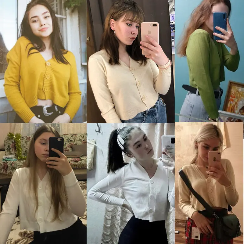 Винтажный Укороченный кардиган с длинным рукавом вязаный свитер в Корейском