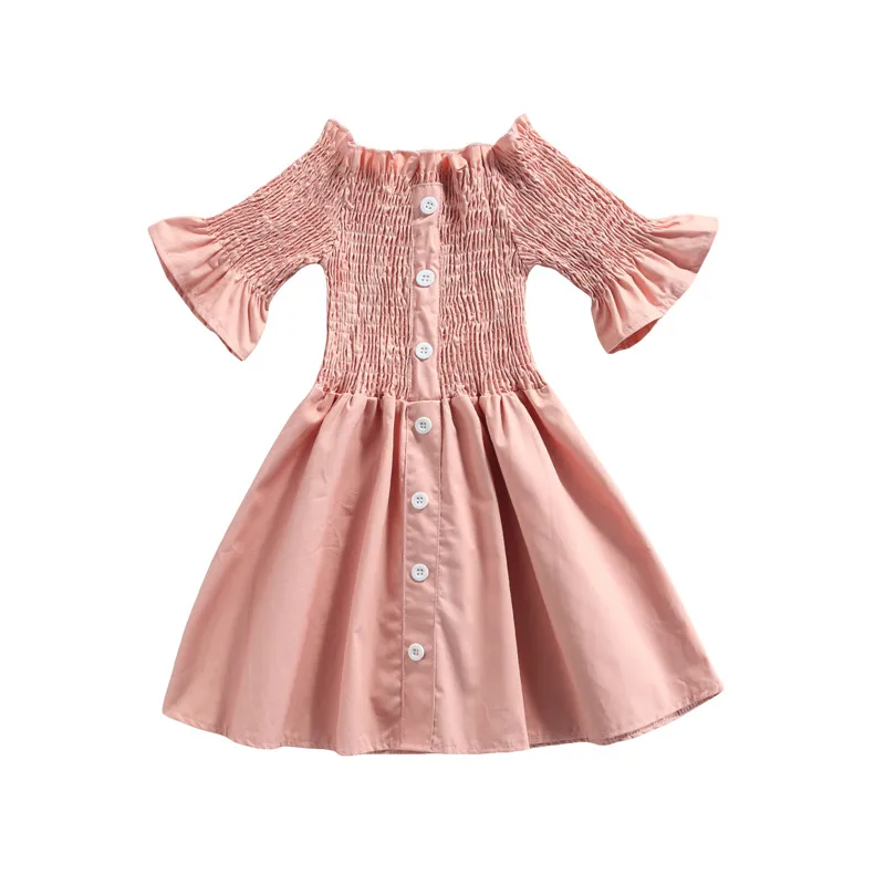 

Summer Toddler Kids Casual Fashion Dress Fall Ruched Shirring Boat Neck Flared Sleeve Buttons Dresses for Girls 2-7 Years