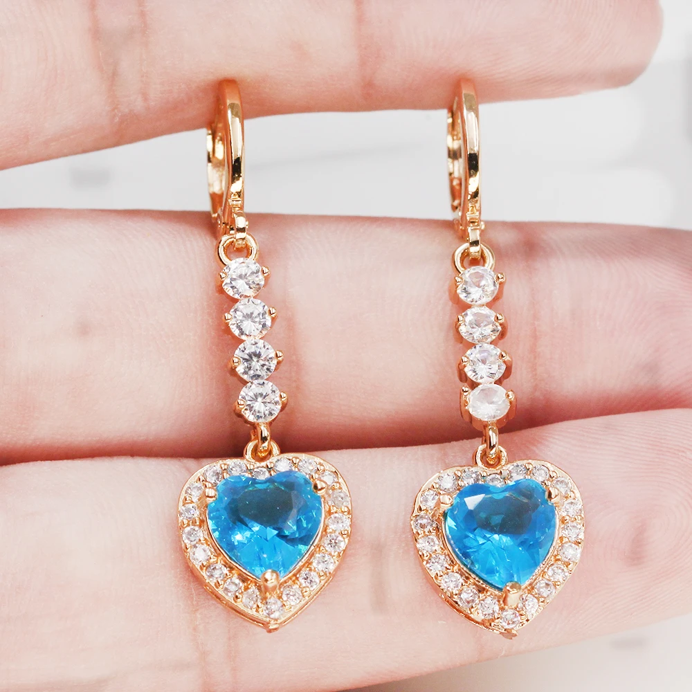 Luxury Drop Earrings for Women's Dangle earrings Gold Filled Earring with heart redZircon Trendy Jewelry for Wedding accessories